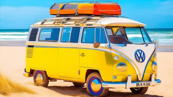 Van parked under a shady tree with doors and windows open, a 12V fan inside, and a cooler filled with water bottles and elect