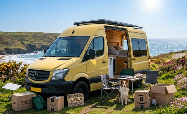 Sahara yellow 2016 Mercedes Sprinter SWB camper van parked on a remote UK cliffside in summer. Amazon boxes and a dog outside represent living on the road with no fixed address