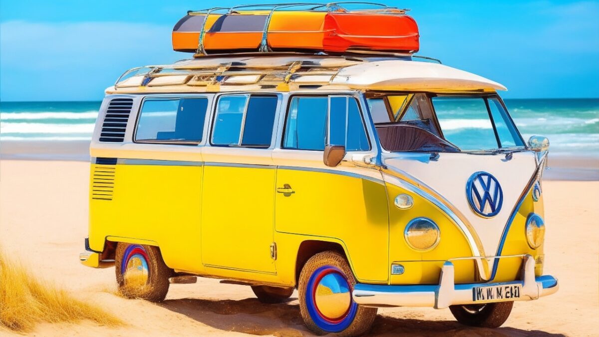 Van parked under a shady tree with doors and windows open, a 12V fan inside, and a cooler filled with water bottles and electrolyte drinks nearby, illustrating tips for keeping cool during a heatwave in van life.